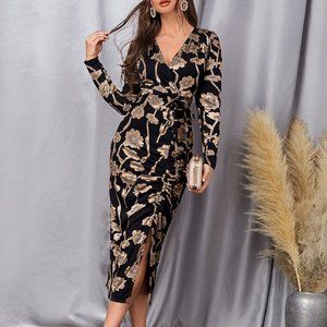 New Floral Print Knot Front Split Thigh Dress